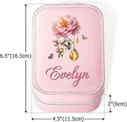 CALLIE Personalized Travel Jewelry Box for Women, Retro Gemstone Birth Flower PU Leather Jewelry Organizer Case with Name and LED Mirror, Valentine’s Day Birthday Gifts for Mom Sister Daughter Wife