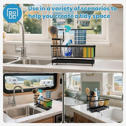 Tell Love Kitchen Sink Caddy, Sponge Holder with Towel Holder, Kitchen Holder for Sink with 360 Degree Rotating Drain, Carbon Steel Rustproof, Kitchen Sink Caddy Sponge Holder for Gadgets and Decor