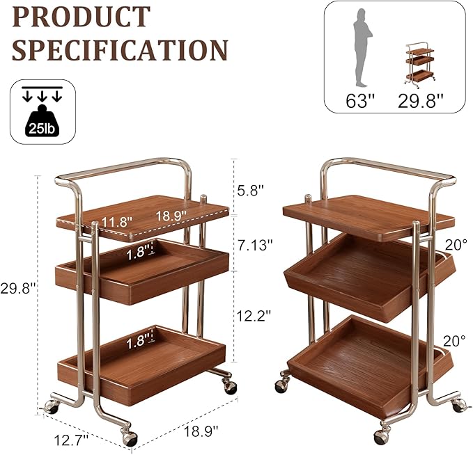 Solid Wood Rolling End Table Cart with Adjustable Storage - 3-Tier Stainless Steel Fame Side Table on Wheels Narrow Bedside Storage Table Small Bar Serving Cart for Living Room