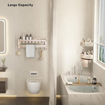 VOLPONE Corner Shower Caddy Suction Cup Shower Shelf Corner No Drilling Bathroom Shower Organizer Storage Rack Adhesive with Towel Bar Hooks(1-Pack, Ivory)