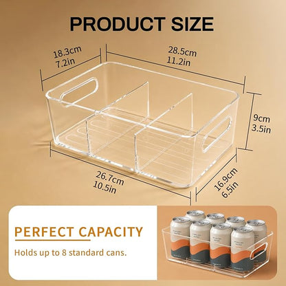 Mpotmiy 4 Pack Clear Pantry Organizers and Storage Bins with Divider, Transparent Plastic Basket, Refrigerator and Fridge Bins