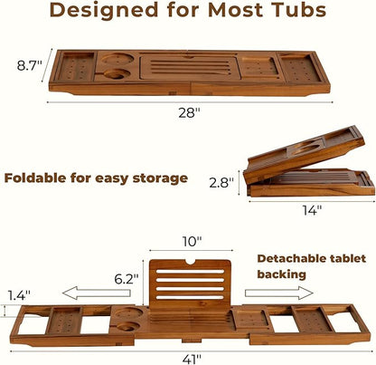 Teak Bathtub Tray, Luxury Bath Table Tray with Wine Glass and Phone Holders & Book Stand, Foldable Wooden Bathtub Caddy for Home Spa Relaxation, Bath Gift for Women（Natural Teak）