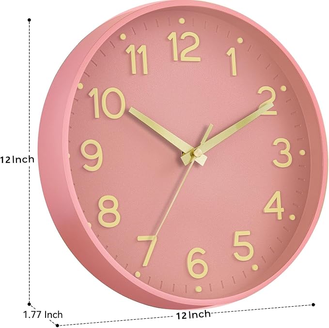 Roymnie Wall Clock 12 Inch Silent Wall Clocks Battery Operated-Modern Non Ticking Analog Clock Decorative for Kitchen Bedroom Office (Pink Gold)