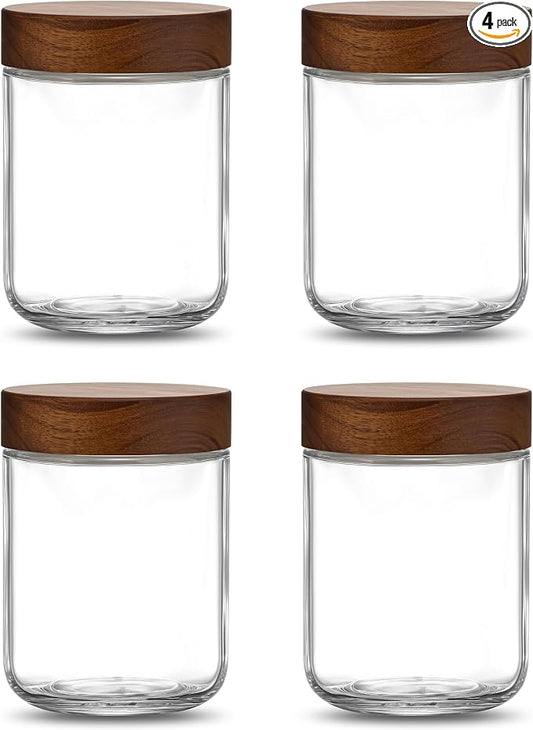 Danmu 16 oz Overnight Oats Containers with Lids,Salad Jar,Glass Jar with Wooden Lid 4 Pack,Mason Jars 16 oz with Lids for Snack,Overnight Oats,Meal Prep,Yogurt,Parfait,Soup,Salad 100% Leak-proof
