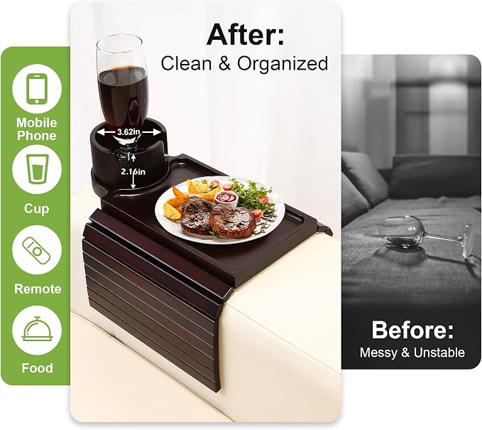 Couch Cup Holder Tray - 3 in 1 Couch Arm Table with 360° Rotating Phone Holder, Foldable Sofa Arm Tray for Drink Table, Snacks Table,Hold Cellphone Remote or Books