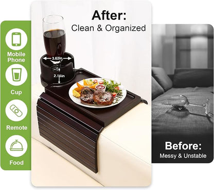Couch Cup Holder Tray - 3 in 1 Couch Arm Table with 360° Rotating Phone Holder, Foldable Sofa Arm Tray for Drink Table, Snacks Table,Hold Cellphone Remote or Books