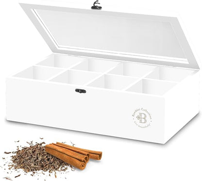 Tea Bag Organizer with Drawer - Bamboo Tea Box Organizer, 8-Compartment Tea Storage Box with Acrylic Lid and Magnetic Closure, Tea Box for Kitchen Counter, Gifts for Mom, Wife, Tea Lovers (White)
