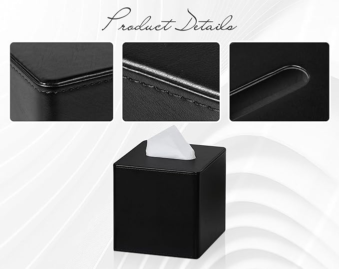 GOLRANLYE Tissue Box Cover Square PU Leather Facial Tissue Box Holder for Dresser Bathroom Decor (Black)