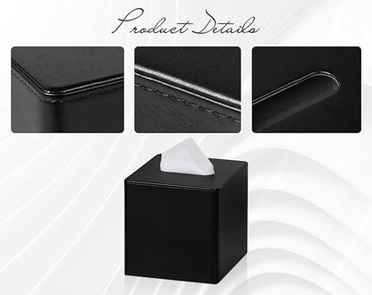 GOLRANLYE Tissue Box Cover Square 2 Pack PU Leather Facial Tissue Box Holder for Dresser Bathroom Decor (Black)