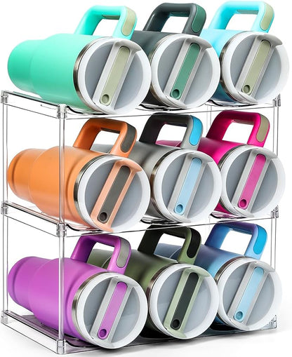 Design for Stanley 40 OZ & Large Bottles & Tumblers with Handle, Acrylic Water Bottle Organizer - Stackable Clear Wine Rack, Cup Holder for Home Kitchen Pantry Shelf Countertop Cabinet, 3 Tier Hold 9