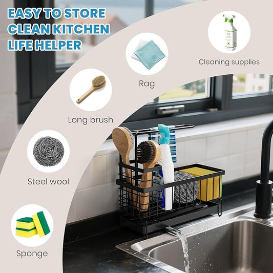 Tell Love Kitchen Sink Caddy, Sponge Holder with Towel Holder, Kitchen Holder for Sink with 360 Degree Rotating Drain, Carbon Steel Rustproof, Kitchen Sink Caddy Sponge Holder for Gadgets and Decor