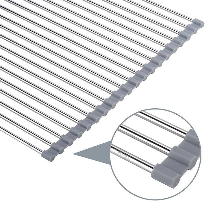 Hhyn Roll Up Dish Drying Rack Over The Sink 17.7"(L) x 15.6"(W), Multipurpose Foldable Stainless Steel Kitchen Rollable Drainer Rack, Gray
