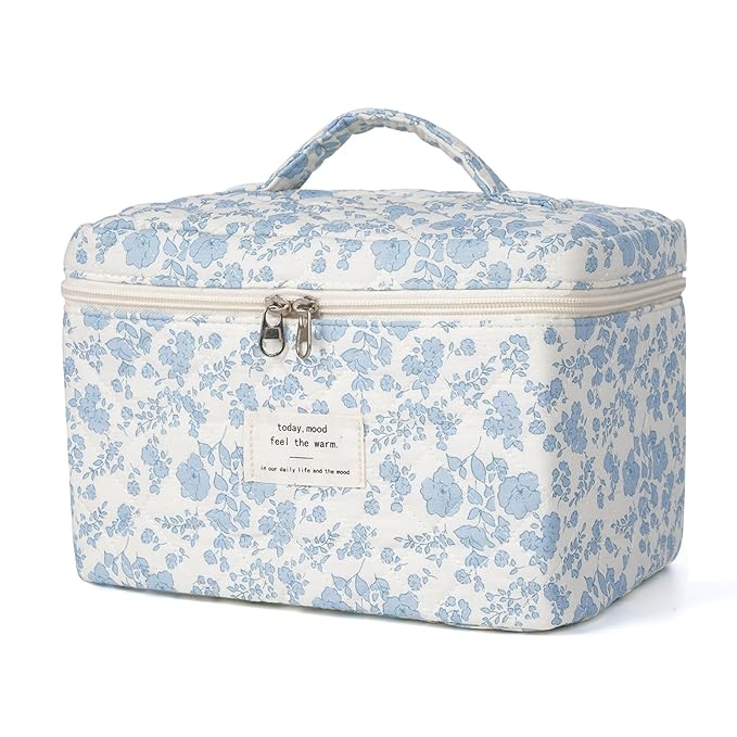 Makeup Bag,Quilted Cosmetic Bags,Large Floral Make Up Bags for Women, Makeup Organize,Flower Travel Toiletry Bag