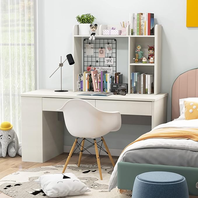 Desk Hutch, Desktop Shelf with 5 Shelves, Desk Bookshelf w/Anti-Toppling Devices, Wood Table Top Bookshelf Organizer, Small Desk Shelf for Study, Office, Dorm (White, 5 Shelves)
