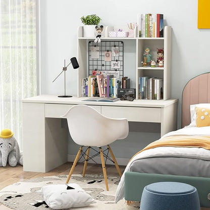 Desk Hutch, Desktop Shelf with 5 Shelves, Desk Bookshelf w/Anti-Toppling Devices, Wood Table Top Bookshelf Organizer, Small Desk Shelf for Study, Office, Dorm (White, 5 Shelves)