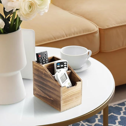 Remote Control Holder, TV Remote Holder, Wood Farmhouse Remote Caddy for Table, Remote Organizer Caddy with 3 Slots, Remote Storage Box for Home Office, Burnt Wood