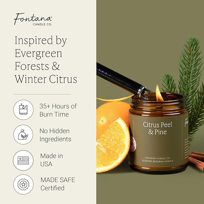 Fontana Candle Co Wood Wick Beeswax Jar Candles, Citrus Peel & Pine - Made with Coconut Oil & Pure Essential Oils – Clean Burn, Long Lasting and Non-Toxic Candles for Home & Room Decor