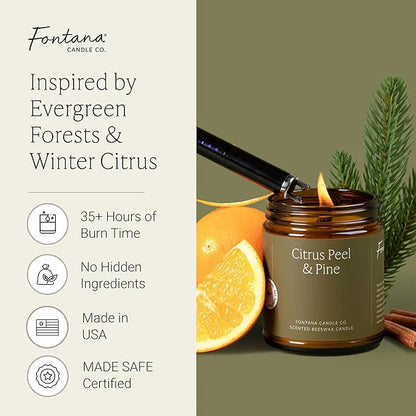 Fontana Candle Co Wood Wick Beeswax Jar Candles, Citrus Peel & Pine - Made with Coconut Oil & Pure Essential Oils – Clean Burn, Long Lasting and Non-Toxic Candles for Home & Room Decor