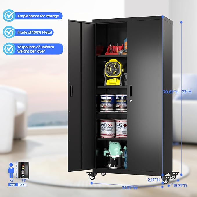 Garage Storage Cabinet with Wheels, Metal Storage Cabinet with 4 Adjustable Shelves and Lockable Doors for Garage Home Utility Room,Required Assembly,Black,73" H×31.57" W×15.71" D