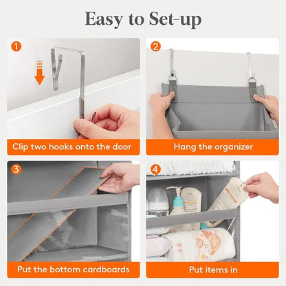 Lifewit 1 Pack Over the Door Organizer, 6 Section Clear Window Hanging Storage with 4 Side Pockets, Sturdy Anti Tilt 40 lbs Load Behind Door for Closet, Bedroom, Bathroom, Nursery, Dorm, Gray