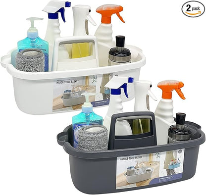 2 Pack Multi-Purpose Plastic Cleaning Caddy with Handle, Shower Caddy Organizer/Storage Basket/Totes Portable for Bathroom Supplies, Cleaning Products, Under Sink Tool. (grey+white)
