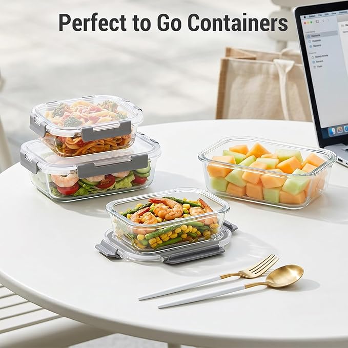 Dealusy 10 Sets (20-Piece) 4.5 Cup & 1.5 Cup Glass Food Storage Containers with lids, Airtight Leak-proof Glass Meal Prep Containers with Lids, Microwave Oven Freezer Dishwasher Safe, Gray