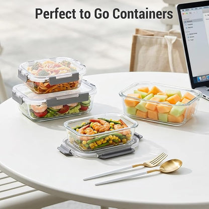 Dealusy 10 Sets (20-Piece) 4.5 Cup & 1.5 Cup Glass Food Storage Containers with lids, Airtight Leak-proof Glass Meal Prep Containers with Lids, Microwave Oven Freezer Dishwasher Safe, Gray