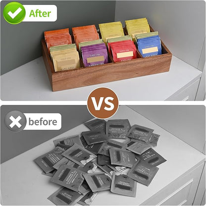 Acacia Wood Tea Bag Organizer with 8 Slots – Tea Bag Holder and Tea Organizer, Sugar Packet Storage for Countertops, Set Of Two