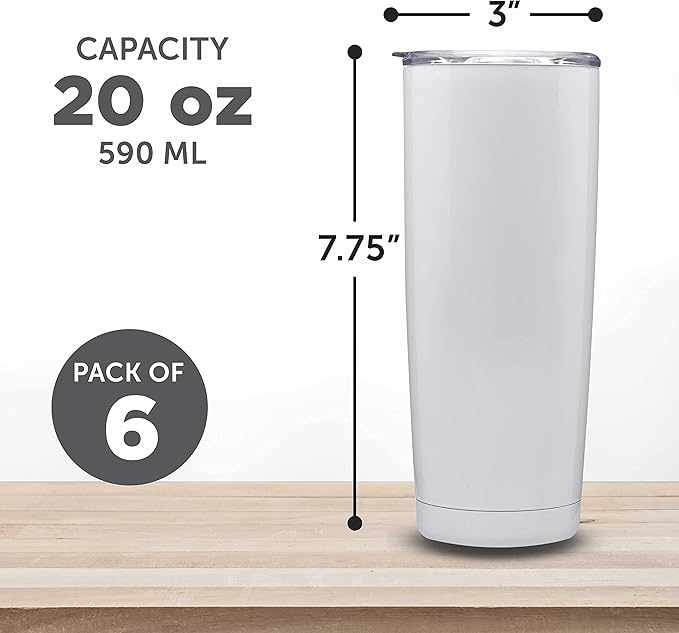 DISCOUNT PROMOS Pipette Stainless Steel Coffee Tumblers 20 oz. Set of 6, Bulk Pack - Double Wall, Perfect for Coffee, Hot Cocoa, Other Hot & Cold Beverages - White