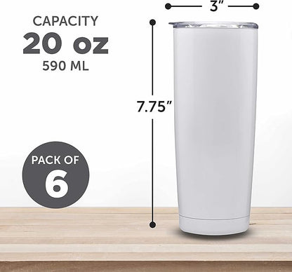 DISCOUNT PROMOS Pipette Stainless Steel Coffee Tumblers 20 oz. Set of 6, Bulk Pack - Double Wall, Perfect for Coffee, Hot Cocoa, Other Hot & Cold Beverages - White