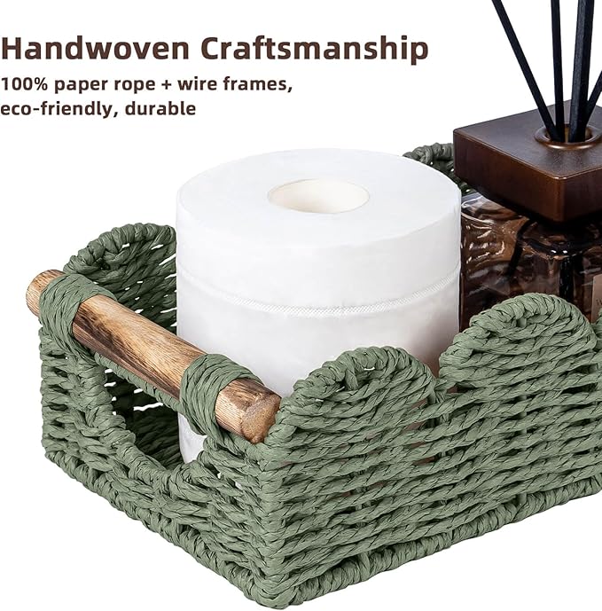 CubesLand Bathroom Basket Organizer w/Cut Out Handle, Back of Toilet Paper Storage Baskets for Bathroom Countertop Decorative, Small Scalloped Wicker Basket Also for Home Decor, Living Room, Green