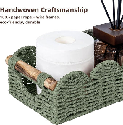 CubesLand Bathroom Basket Organizer w/Cut Out Handle, Back of Toilet Paper Storage Baskets Tray for Bathroom Countertop Decorative, Scalloped Wicker Basket Also for Home Decor, Living Room, Green