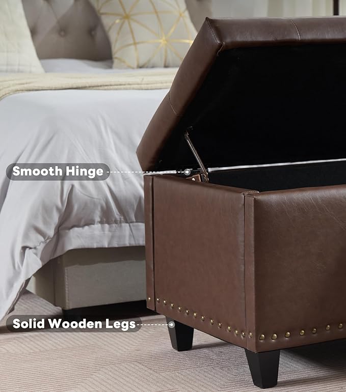 Tbfit 50.8“ Large Ottoman Storage Bench for Bedroom, Oversized Tufted Upholstered Entryway Benches End of Bed, Rectangle Dorm Foot Stool with Safety Hinge & Solid Wood Legs, Loads 660 lb, Dark Brown