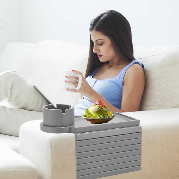 GHKINMAL Couch Cup Holder Tray, Large Couch Arm Table with 360° Ratated Phone Holder, 3 in 1 Bamboo Sofa Armrest Tray with Anti-Slip Couch Organizer for Remote,Cellphone,Snacks
