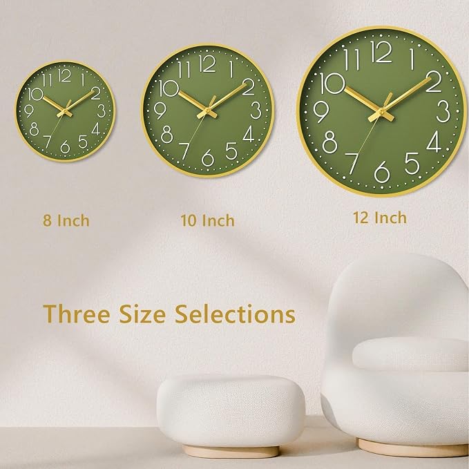 DAXSMY Wall Clock - 12 Inch Silent Non-Ticking Modern 3D Wall Clocks Battery Operated - Decorative Clock for Kitchen, Home Office, Bathroom, Bedroom, Living Room(Green)