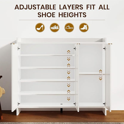 Shoe Cabinet, 41" Tall Rattan Shoe Storage Organizer Cabinet, Adjustable Shelves, 6-Tier Farmhouse Boho Wooden Storage Cabinet for Entryway Hallway Closet Bedroom,White