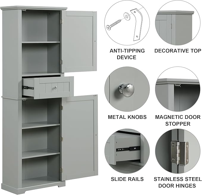 Bathroom Storage Cabinet, Tall Cabinet with Adjustable Shelf | Tall bathroom storage cabinet, 2 enclosed cabinets and middle pull-out compartment keep daily essentials organized