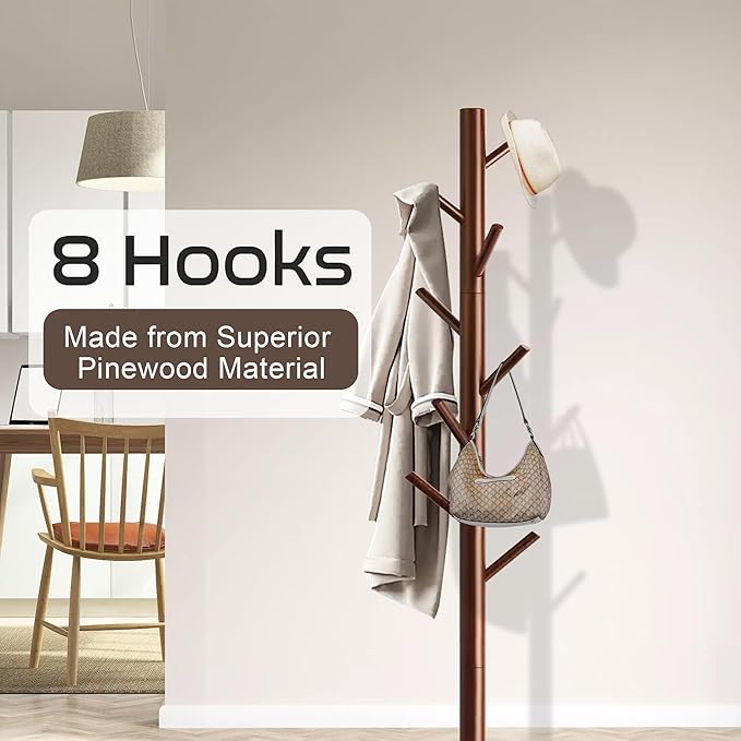 Wooden Coat Rack Stand, Freestanding Coat Rack with 8 Hooks, 3 Adjustable Size Coat Tree for Hats, Coats, Scarves bags, Coat Hanger Stand Used in Bedroom/Office/Entryway,2 PCS (Brown)