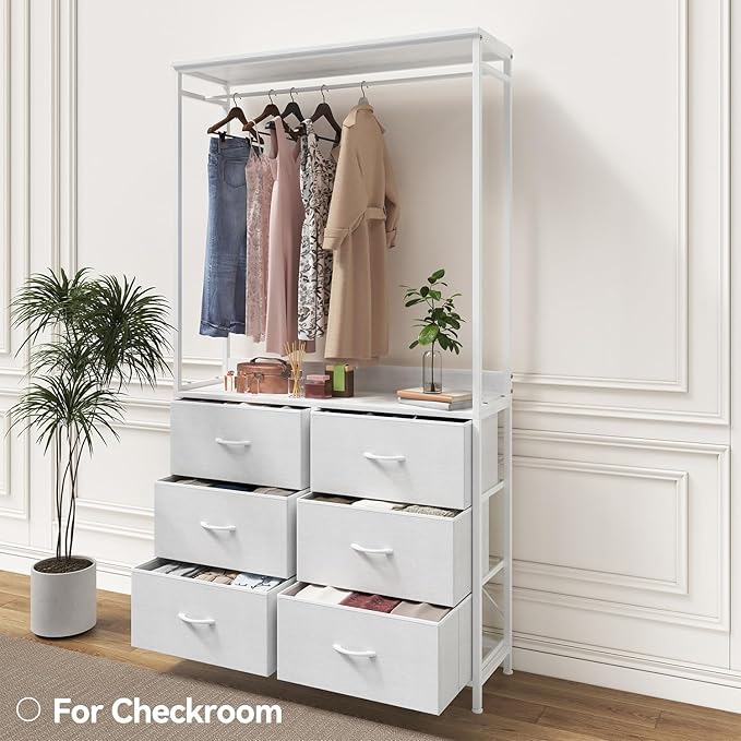 6 Dresser Drawer with Hanging Rack, 2-in-1Tall Dresser for Bedroom/Closet, Fabric Dressers & Chests of Drawers, Sturdy Alloy Steel Frame, Space Saving Closet Organizer