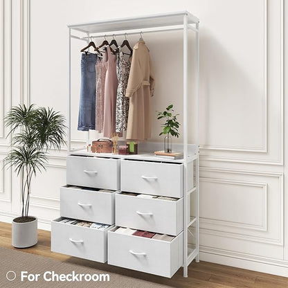 6 Dresser Drawer with Hanging Rack, 2-in-1Tall Dresser for Bedroom/Closet, Fabric Dressers & Chests of Drawers, Sturdy Alloy Steel Frame, Space Saving Closet Organizer