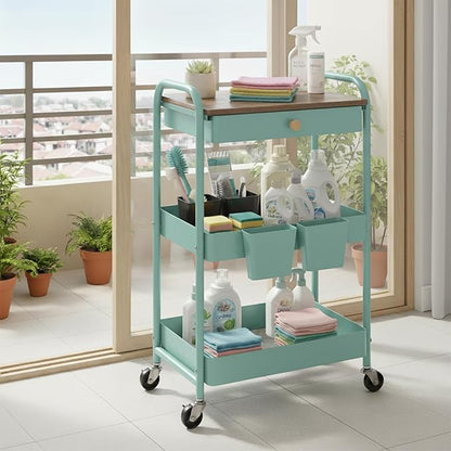 danpinera 3 Tier Rolling Cart, All-in-One Art Cart Organizer on Wheels for Kitchen, Bathroom, Office, Laundry