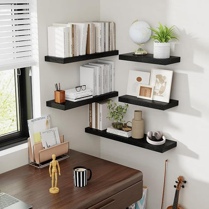 Acovy 48 Inch Floating Shelves, 8 Inch Deep Floating Shelves for Wall, Hanging Shelf with Invisible Brackets, Deep Shelves for Bathroom, Bedroom, Living Room, Black, Set of 2