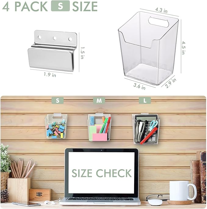 Clear Slatwall Bins, 4 Pack Slat Wall Accessories Cups Hooks Assemble Set Fit Most Slat Board Storage Systems Transparent Display Hanging Holder Organizers for Garage Shed Office Craft Tool (Small)