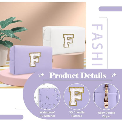 Personalized Makeup Bag Initial A-Z Preppy Patch Bag,Small PU Leather Travel Cosmetic Bag Pouch with Zipper,Purple Cute Toiletry Bag,Gift Ideal for Teen Girls Women Birthday Friend Mom,Latter F