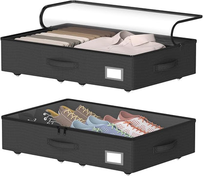EE-RoomWorld Underbed Storage With Wheels, No Assembly Required - 5.5 Inch Height Black Underbed Bins, Low Profile Rolling Shoe Storage Containers for Dorm