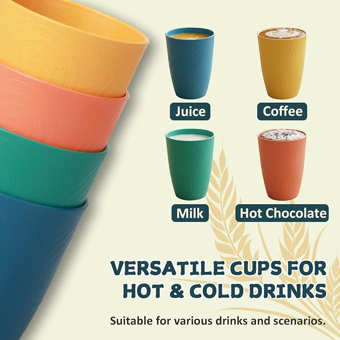 Wrova Wheat Straw Cups Set Alternative to Plastic Cups 16 oz, Reusable Drinking Water Glasses Set of 8, Dishwasher Safe Kitchen Cup Sets for Juice,Coffee,Milk- Vibrant