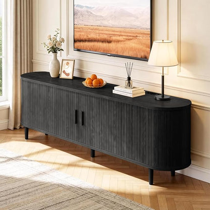 58" Mid Century Modern TV Stand with Power Outlet, Fluted Entertainment Center with Storage and Adjustable Shelves, Wood TV Console with Sliding Doors for Living Room, Black