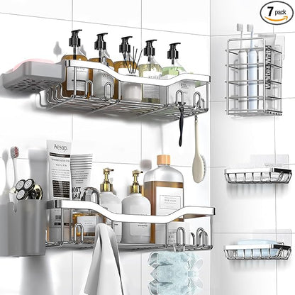Shower Caddy Adhesive Shower Organizer 7-Pack, Rustproof Stainless Steel Bathroom Shelves, Large Capacity No-Drill Rack Storage Accessories with Soap Dish Toothbrush Holder Hooks