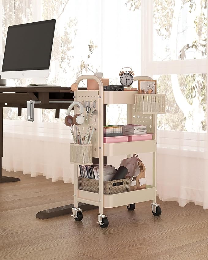 ALVOROG 3 Tier Rolling Cart with DIY Pegboards Metal Utility Cart with Wheels Handles Baskets Hooks, Craft Cart for Office Kitchen Bathroom(Khaki)