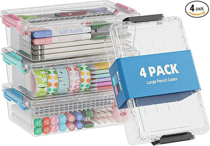 BiuLeon 4 Pack Extra Large Pencil Box, Plastic Pencil Case Organizer, Clear Crayon Box Marker Organizer, Stackable Craft Organizers and Storage for Pen, Craft, Art Supply(Green/Blue/Pink/Black)